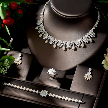 

HIBRIDE Classic Simple Design 2 Tones Earring Necklace Jewelry Set Cute CZ Drop Pendent Bridal Wedding Set for Party Gift N-1317