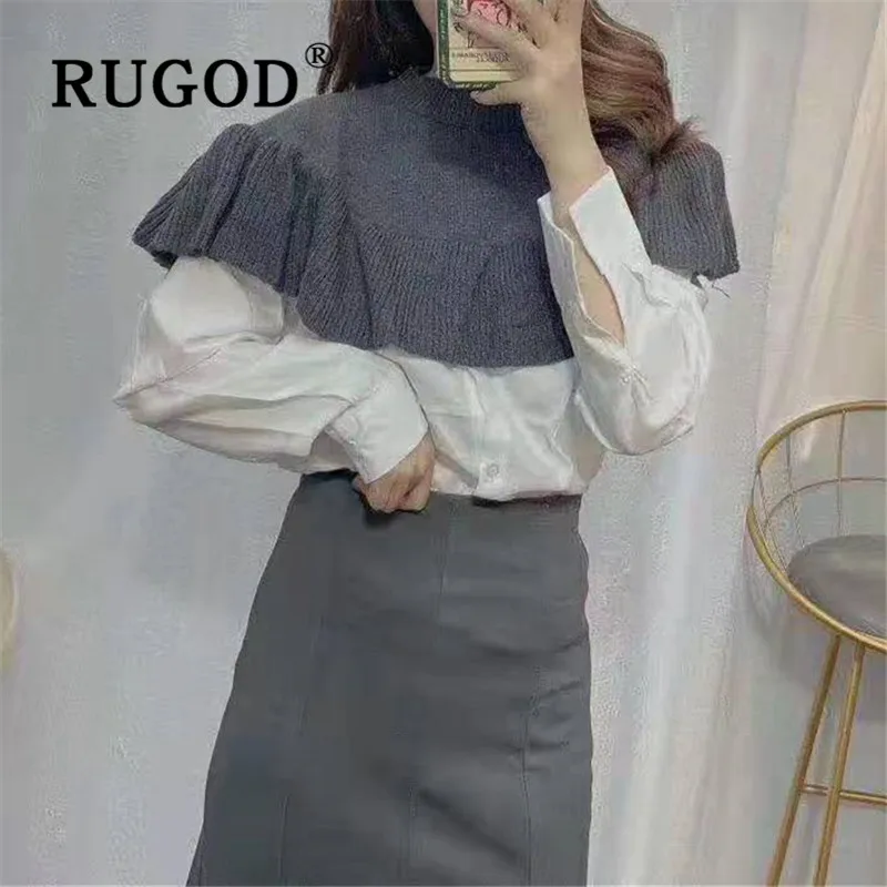 RUGOD весенние элегантные женские блузки с круглым вырезом из кусков с рюшами Вязаный топ в Корейском стиле милая винтажная Модная Повседневная Женская туника