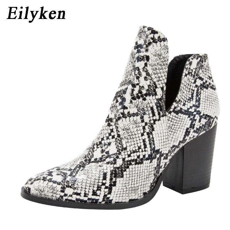 EilyKen/ковбойские ботинки в байкерском стиле; Женские ботинки в ковбойском стиле из искусственной кожи на высоком каблуке с животным змеиным узором; ковбойские ботинки без застежки; ботильоны