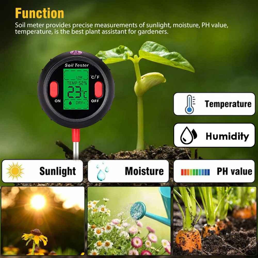 5-in-1 Moisture Meter Digital Soil pH Meter PH Levels Temperature Sunlight Intensity Humidity Tester Large Backlit LCD Display large calipers