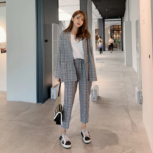 

Korean 2019 Vintage High Waist Two Piece Set Fashion Loose Terno Feminino 9pu Casual Brief Plaid 2 Piece Set Women
