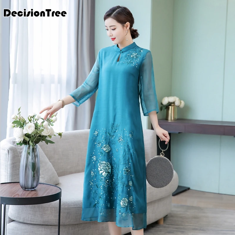 traditional chinese dress cheongsam qipao long sleeve Vintage Embroidery Cheongsam vestido oriental dress Mandarin Collar