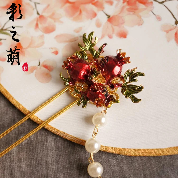 Древний стиль Hanfu красный цветок граната длинный головной убор с кисточками классические аксессуары для волос антикварная шпилька, которая сотрясается при ходьбе Косплей
