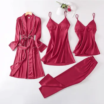 

FZSLCYIYI Satin Pijama 4 Pieces summer Pajamas Sets Women Sexy Robe Pajamas Sleepwear Kit Long Sleeve Nightwear