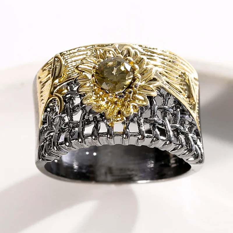 

Two-color Sunflower Hollow Weave Ring Men's Ring New Fashion Metal Bohemian Crystal Inlaid Accessories Party Jewelry Size 5-11