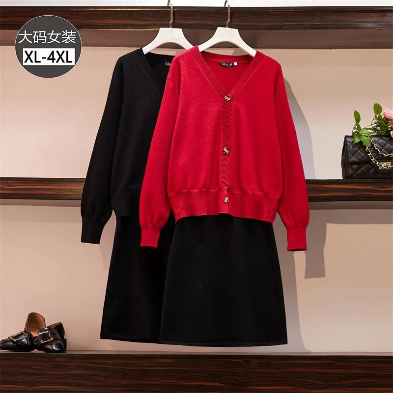 

Large Size Dress 2019 Autumn And Winter New Style Western Style Slimming Knitted Cardigan Large GIRL'S Strapped Dress Two-Piece