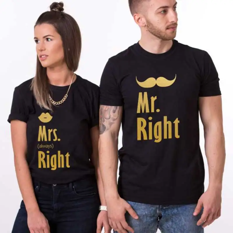Mr. Mrs. Right парные одинаковые футболки для влюбленных мужей жены летние с надписью
