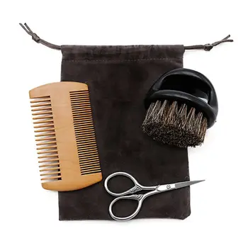 

3Pcs Wooden Beard Comb and Natural Bristles Brush with Scissors Set for Men Care
