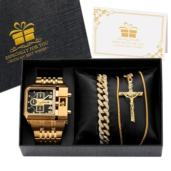 Kit Relógio de Luxo Dourado Preto + Cordão Dourado + Pulseira Dourado Presente Masculino 9