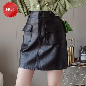 

Pu Leather Skirt Winter Autumn Korean Fashion A Line Skirts Mini Cool Streetwear Black Skirt Women All-match Solid Color Pockets