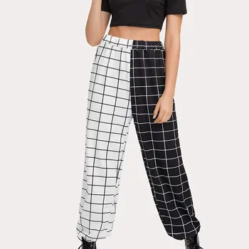 買取 女性のファッションブラックホワイトタータンチェックパンツポケットカジュアルなズボンropa Mujerプラスサイズの服の女性パンツ2020
