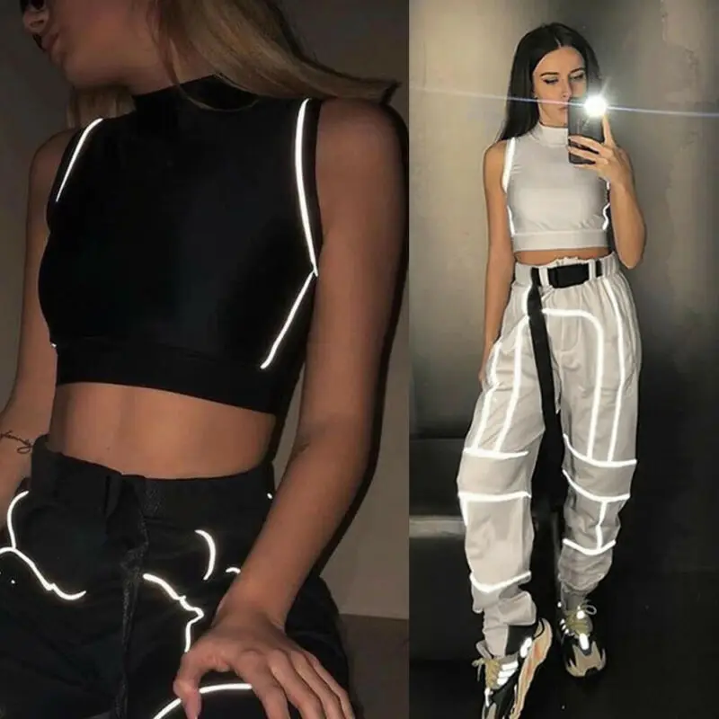 

Summer Reflective Splicing Women Sexy Hip Sleeveless Turtleneck Top Casual Shiny In The Night Tank Vest Crop Tops