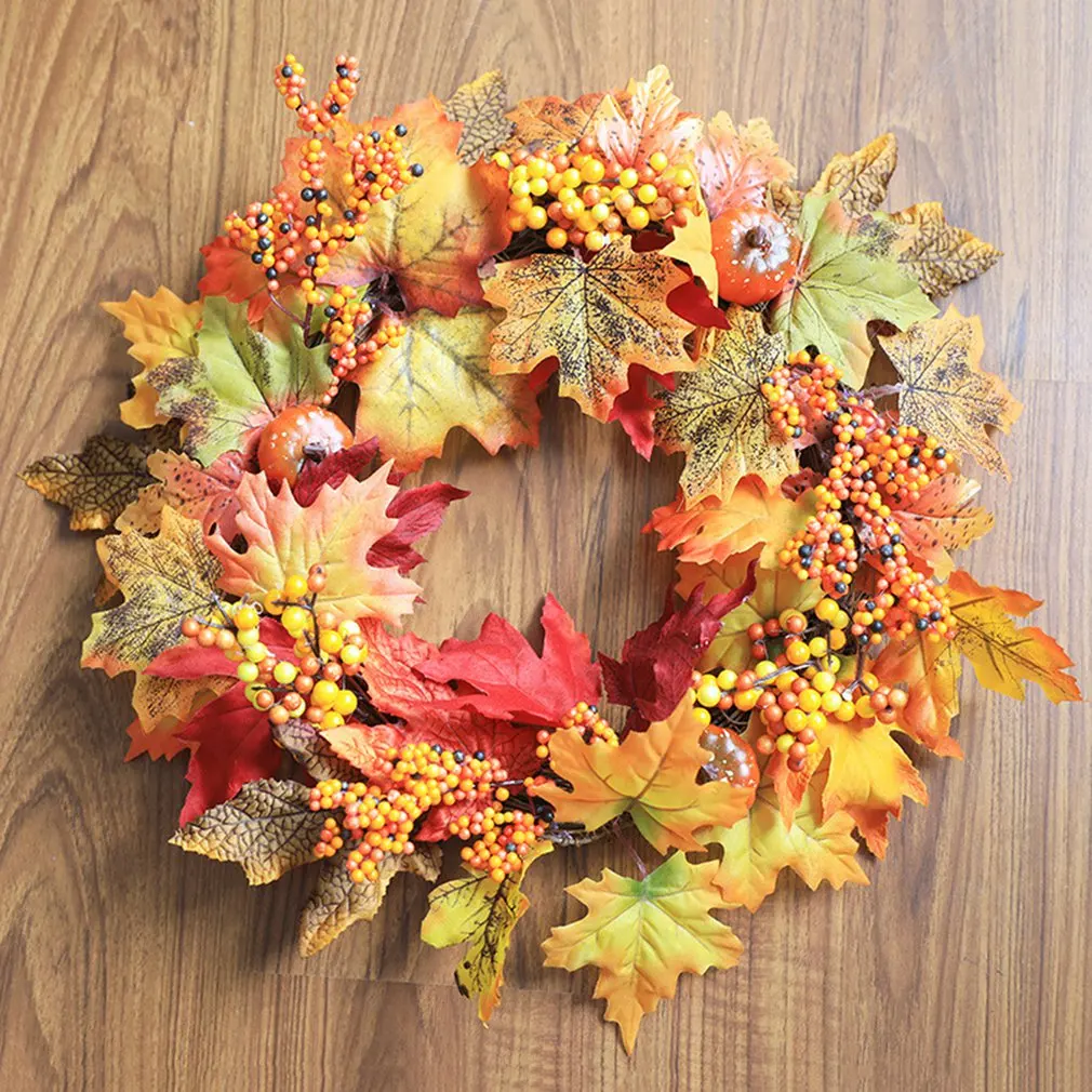 

Artificial Pumpkin Wreath Autumn Berry Maple Leaf Sunflower Fall Wreath Thanksgiving Halloween Wall Decor Home Accessories D03