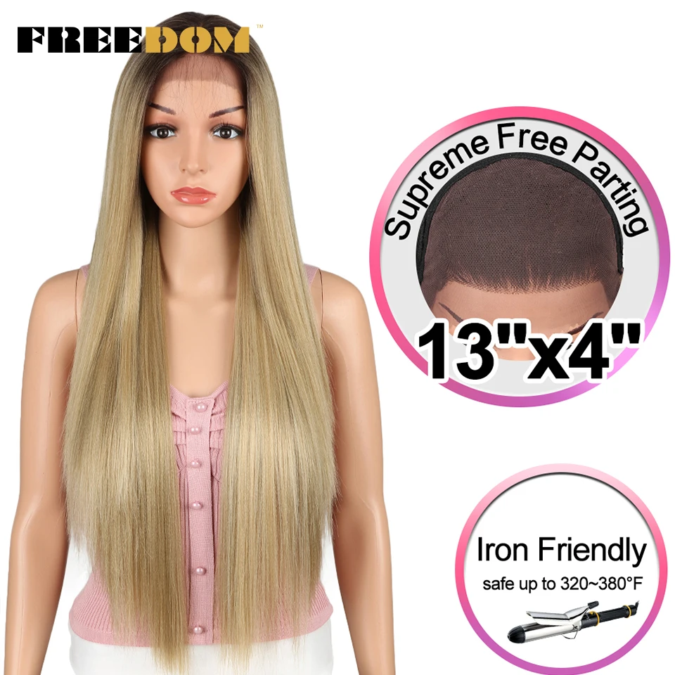 FREEDOM Synthetic Lace Front Wigs For Black Women 32inch Long Straight Wigs Ombre Blond Cosplay Wig Free Part Synthetic Lace Wig