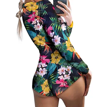 

Sale 2020 Women Sexy Deep V Neck Floral Printed Bodysuit Ladies Summer Bodycon Playsuit Female Long Sleeve Romper Overalls D30