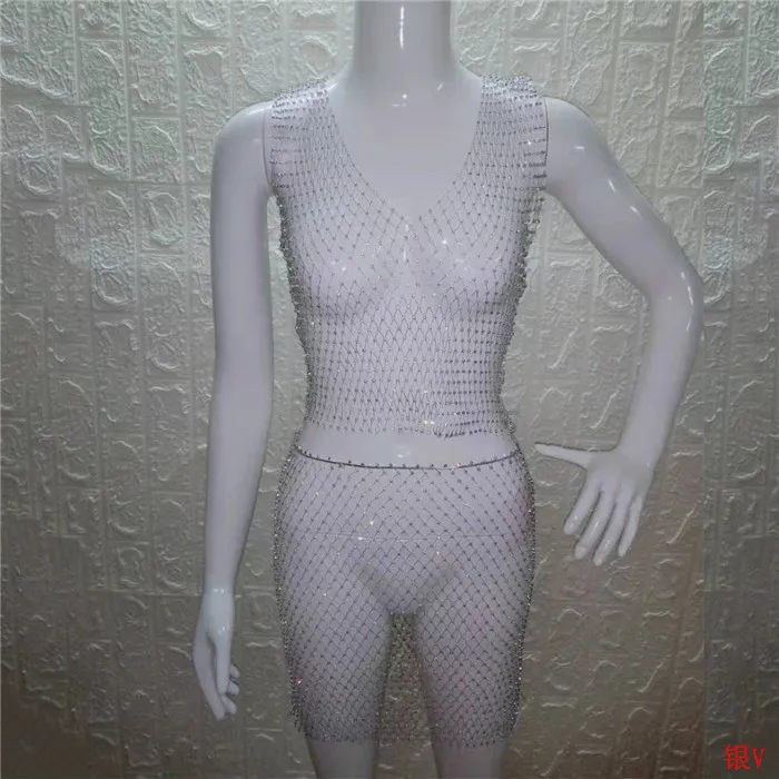 Блестящие Кристальные Стразы, женская одежда, сетчатые Прозрачные топы, клетчатые сексуальные мини юбки, летний комплект из 2 предметов, Клубные, трендовые - Цвет: Silver  V-neck