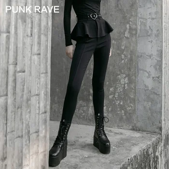 

PUNK RAVE Girl's Gothic False Two Pieces Ruched Fitted Pants With Belt Women Pants