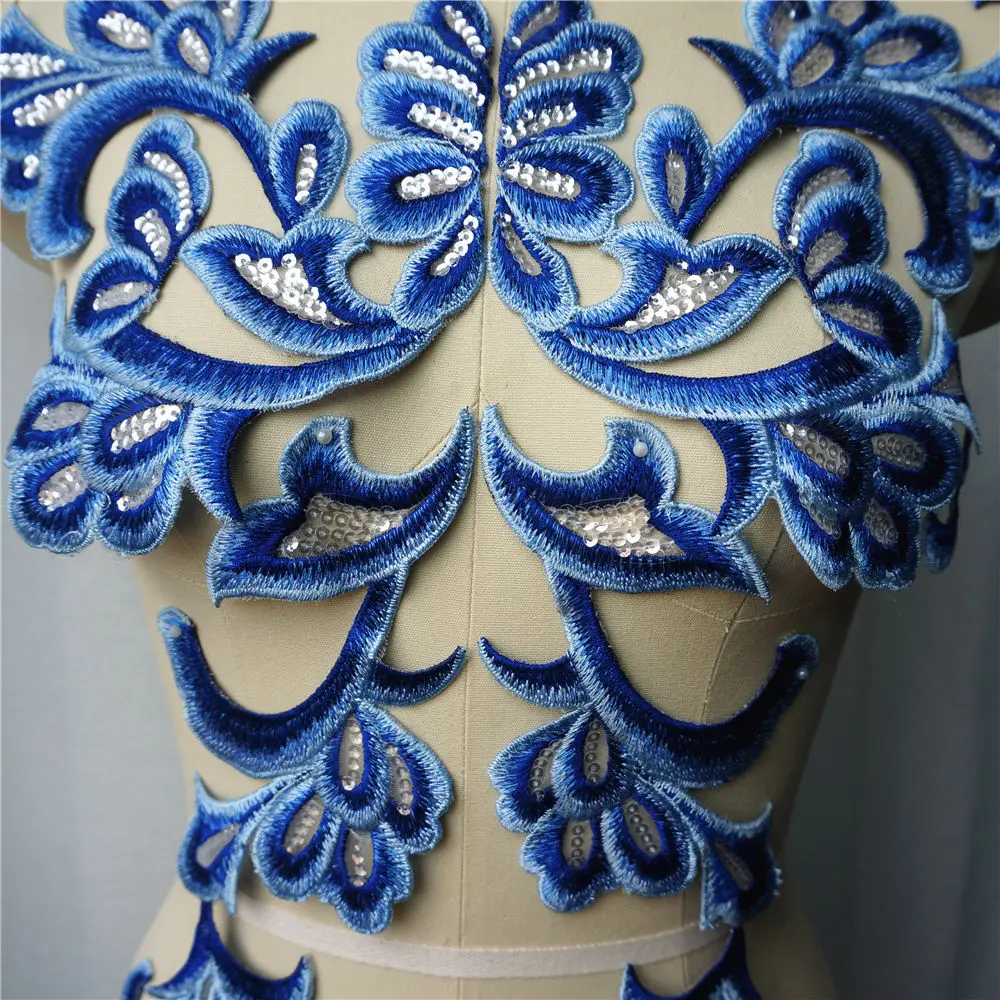 1 комплект, 4 шт., синяя вышитая аппликация, блестящая кружевная ткань в стиле барокко, платье с воротником, вышивать на пачках для свадебного украшения, платье DIY