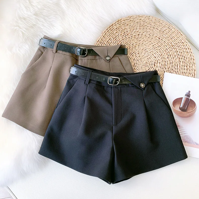 Wasteheart Autumn Black Gray Khaki Shorts Women High Waist Shorts Sexy Camel Bottom Zipper PU Sashes England Style Formal OL