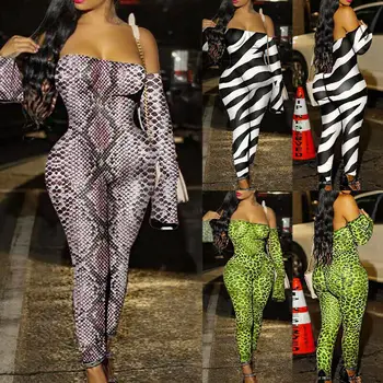 

Womens Jumpsuit Off Shoulder Long Sleeve Stretch Animal Print Bodycon Romper Club Bodysuit Long Pants