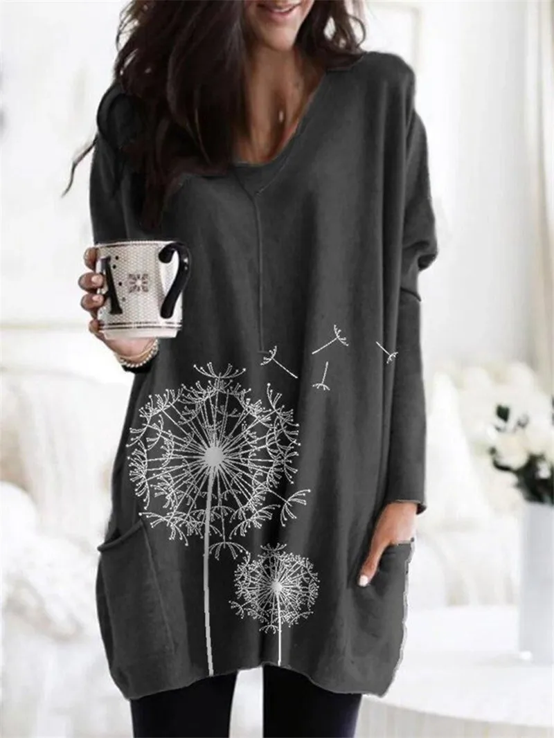 Повседневная Женская длинная футболка, новинка, Осень-зима, длинный рукав, Круглый ворот, принт, свободные топы, женская футболка большого размера плюс 5XL, пуловер - Цвет: jcd1077 Black Gray
