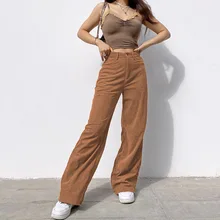 

High Waist Women Corduroy Pants Loose Autumn Fashion European Wide Leg Pants Causal Solid Black Streetwear Trousers 2021