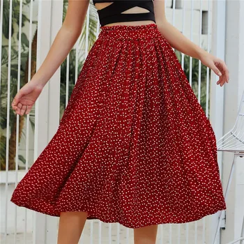 

Dot Print Skirts Women Pleated High Waist Skirt Vintage Midi Knee Length Pleated Skirts Bohemian Female Beach Warp Skirt
