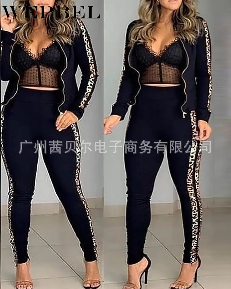 

WEPBEL Women's Casual Printed Leopard Suit Autumn Fashion Long-Sleeved Zip-up Jacket + Elastic Waist Pencil Pants Sets
