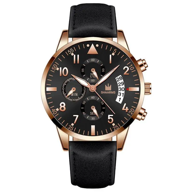 SHAARMS мужские черные часы Роскошный кожаный ремешок нержавеющая сталь кварцевые наручные часы мужские военные спортивные часы Relogio Masculino - Цвет: I