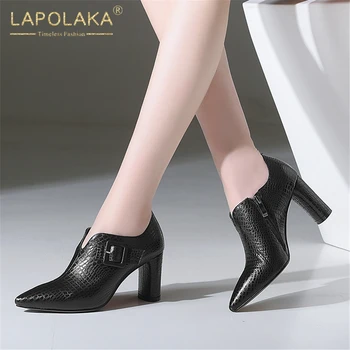

Lapolaka Fashion 2020 Genuine Cow Leather Square High Heel Office Pumps Woman Shoes Pointed Toe Zip Up Shoes Women Pumps