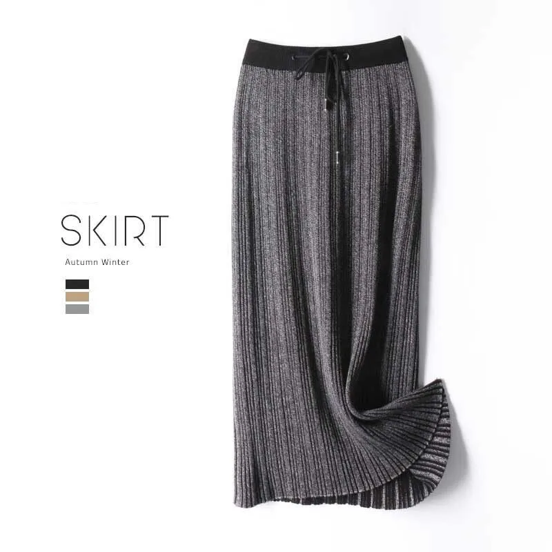 Autumn and winter large size women's skirt pleated skirt skirt female knit skirt - Цвет: Темно-серый