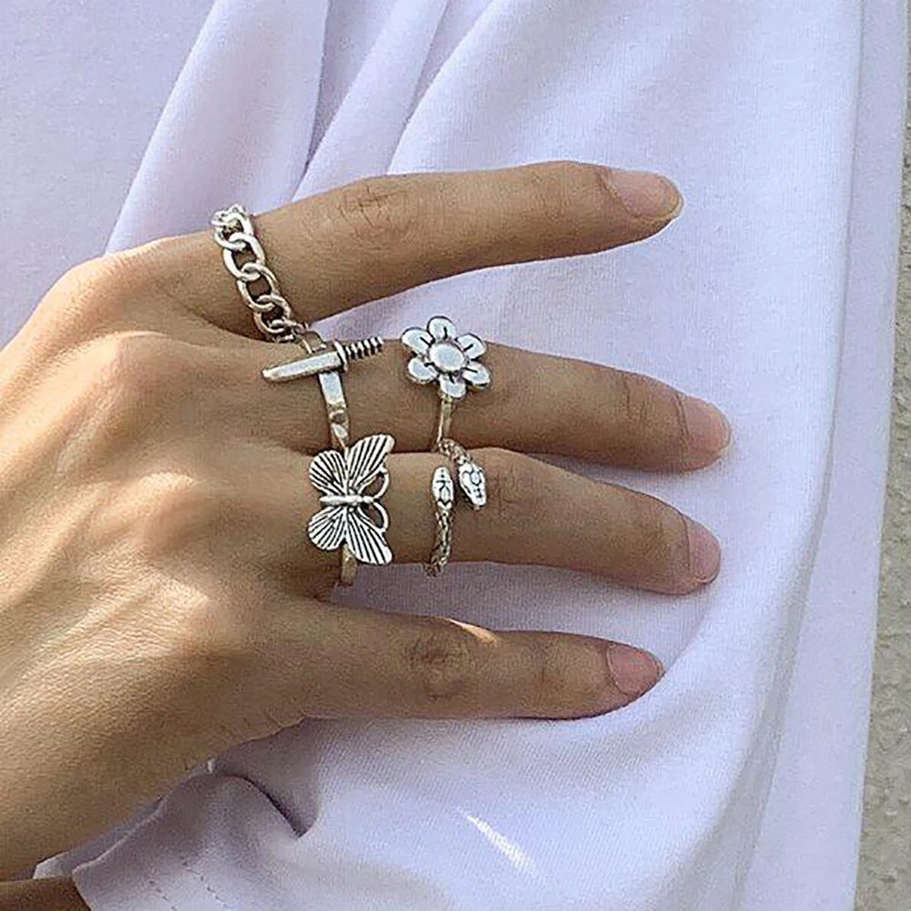 Vintage Gothic Skull Flower Angel Rings for Women Hip Hop Silver Color Butterfly Heart Finger Ring Fashion Streatwear Jewelry - Image 3