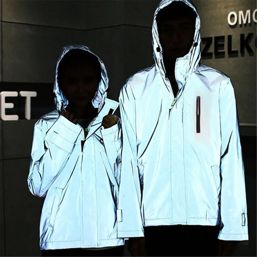 

Autumn Spring Reflective Jacket Men Women Solid color Harajuku Windbreaker Jackets Hooded Streetwear Coat M0905