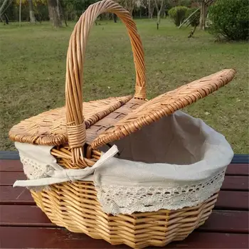 

Wicker Camping Picnic Basket Shopping Storage Hamper With Lid Handle Wooden Color Willow Woven Food Fruit Picnic Basket