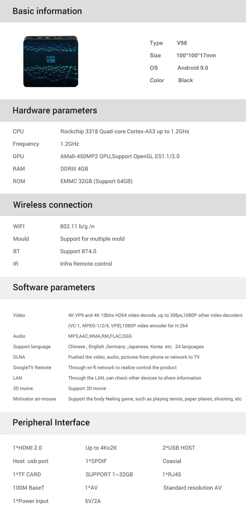 ТВ-бокс V98 Android 9,0 4 Гб ОЗУ 32 Гб ПЗУ 2,4 г WiFi умный медиаплеер RK3318 четырехъядерный 2 Гб 16 Гб H.265 4K HDR USB 3,0 приставка