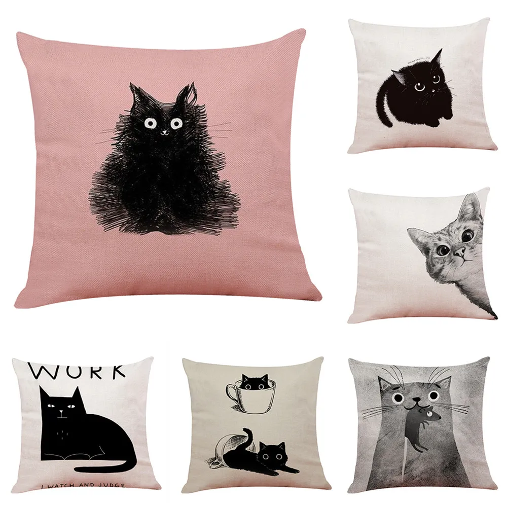 

Cute Pet Lovely Cat Pattern Square Linen Pillow Case Home Sofa Pillow Cover Animal Cushion Cover 45x45cm