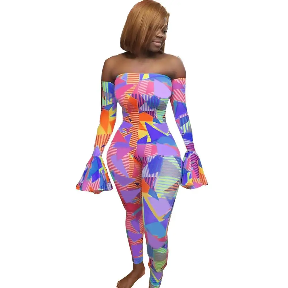 

Echoine Print Flare Sleeve Jumpsuit Women Skinny Sexy Off Shoulder Slash Neck Playsuit Bodysuit Party Club Outfit Rompers 2020