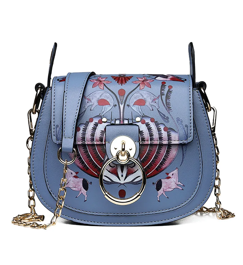 

Ougger Small Crossbody Chain Bag Shoulder Bags Japan and Korean Style Blue PU Saddle Bag with Cartoon Printing for Shopping