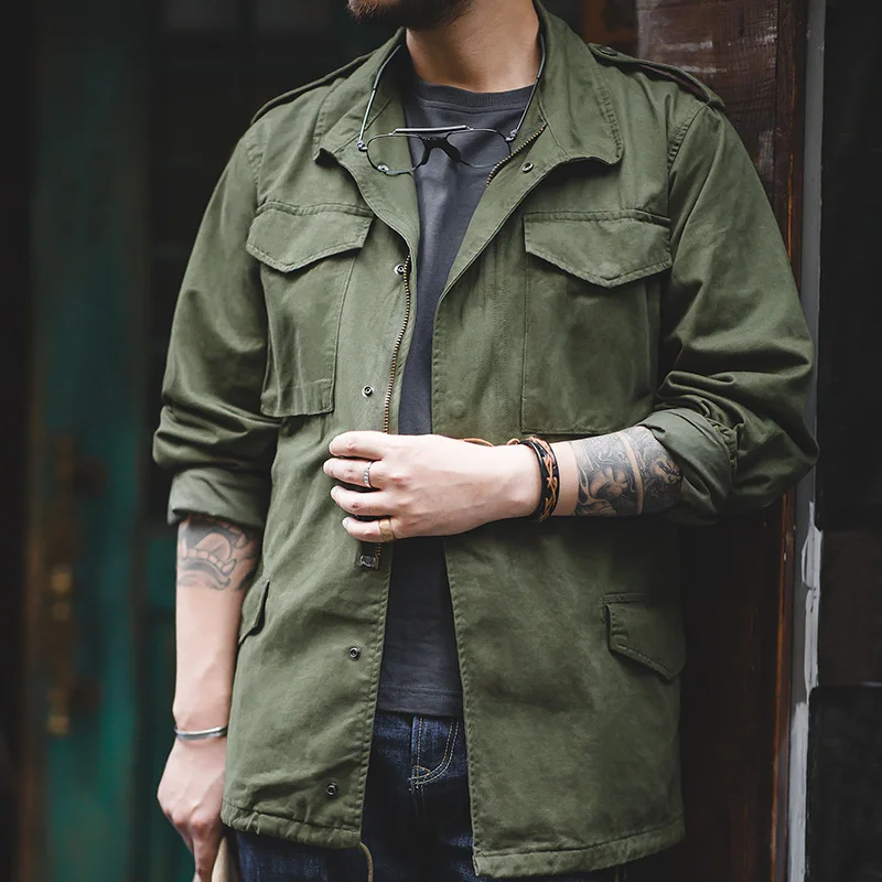 Denim Jacket Blazer Maden Embroidered M65 Military Army-Green Multi-Pocket Retro Blue