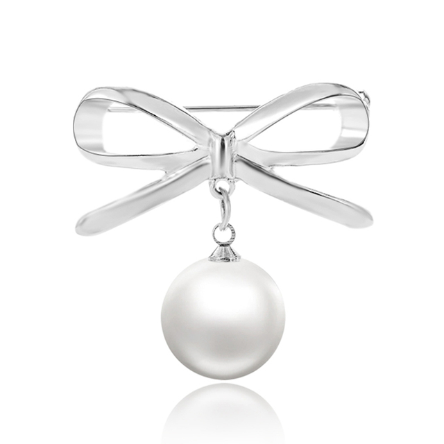 Gold Silver Color Bowknot Simulated Pearl Brooch Lapel Pin For Women Simple Dress Coat Cardigan Wedding Jewelry Gifts
