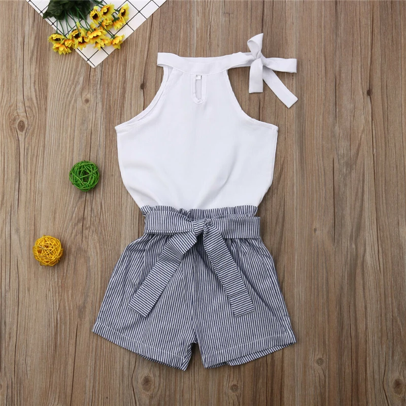 

Didi Kids New Two Piece Set Toddler Kids Baby Girls Clothes Sleevless White Tops Elastic Striped Shorts Outfits Summer 2019