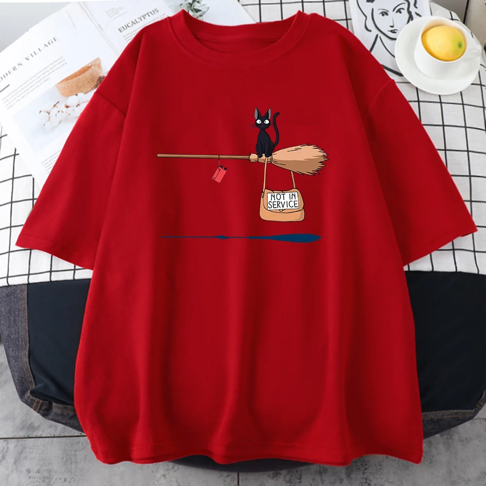 Cute Cat Not In Service Comics Printing Women Soft Cartoons Soft Tshirt Fashion Crewneck Tshirts Vintage Loose T Shirts Couple long sleeve t shirts