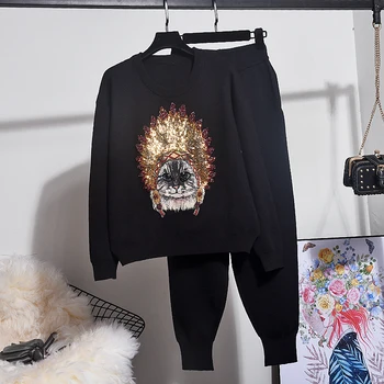 

Autumn New Pullover Women Tops Fashion Print Cat Sequins Long-sleeve Knitted Sweater + casual Pants Two Piece Set Women Clothing
