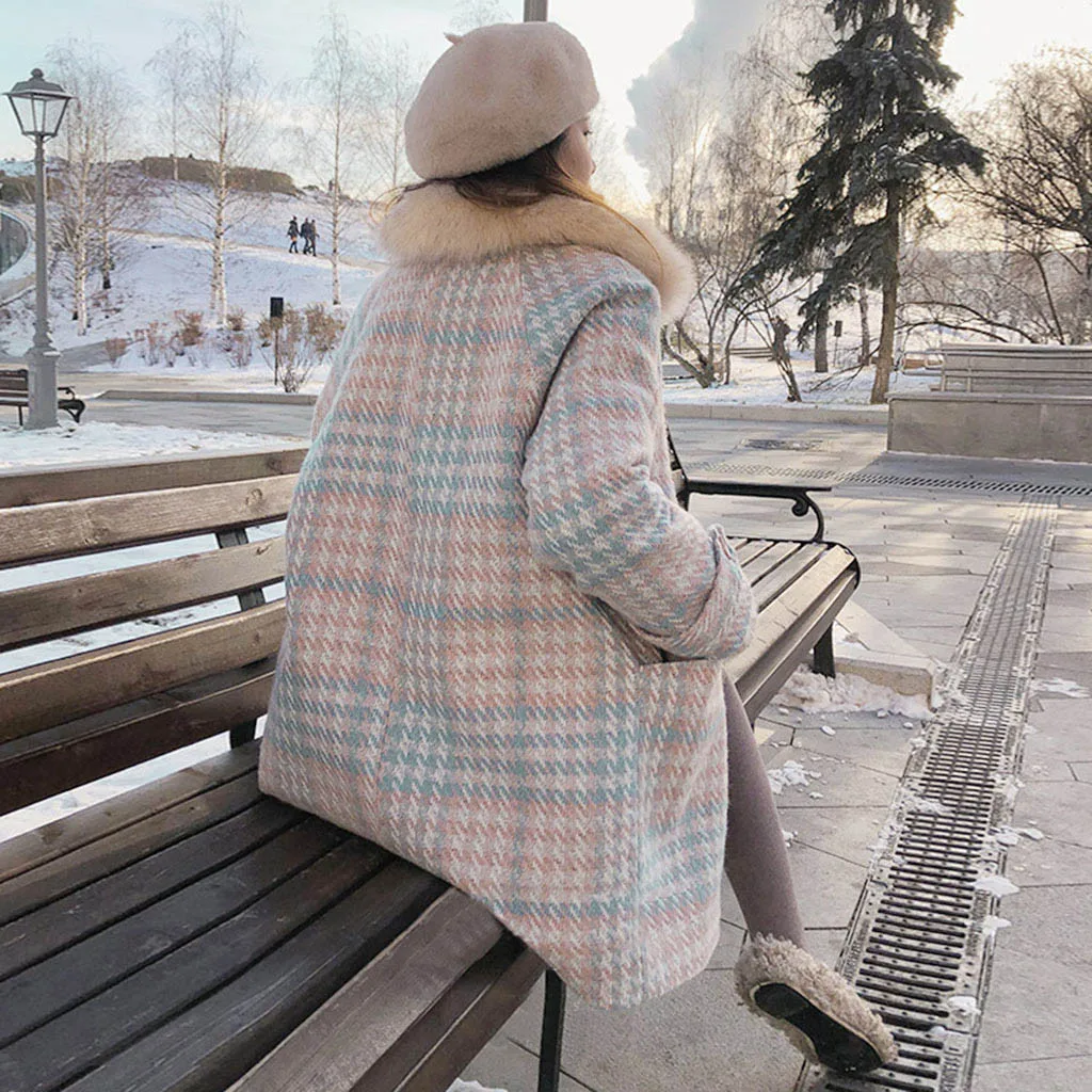 Женская зимняя одежда, модное женское элегантное двубортное шерстяное пальто размера плюс, Женское пальто в клетку#35