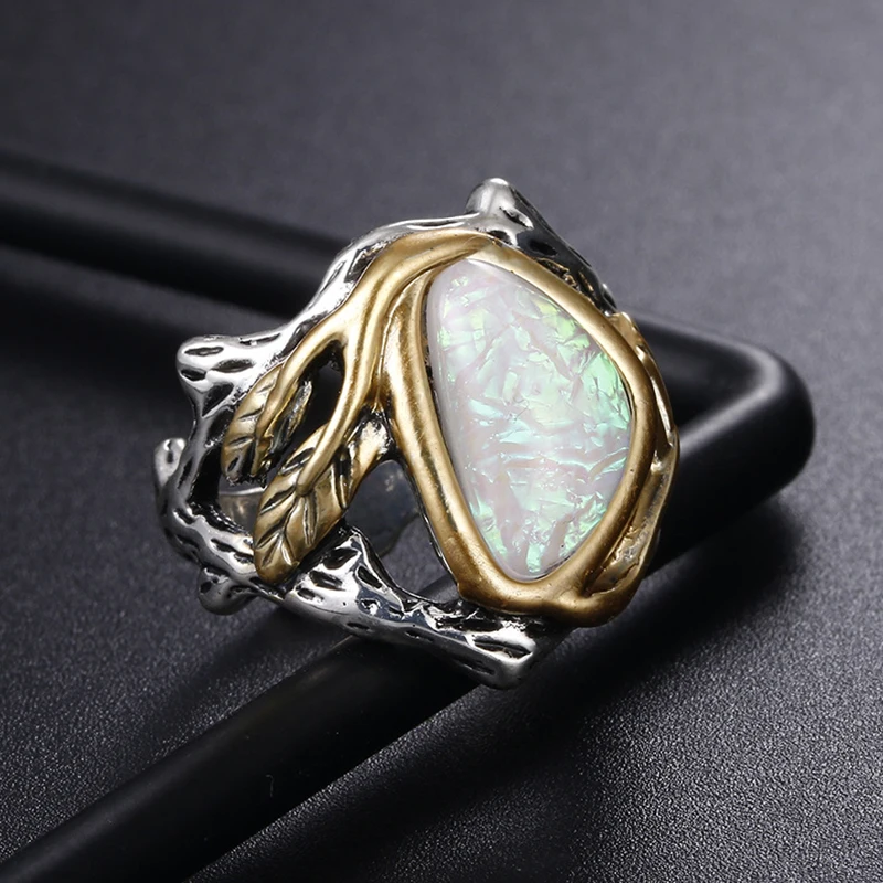 

Vintage Silver Leaves Rings Large Stone Synthetic Opal Tree Leaf Rings for Woman Wedding Engagement Jewelry Gifts