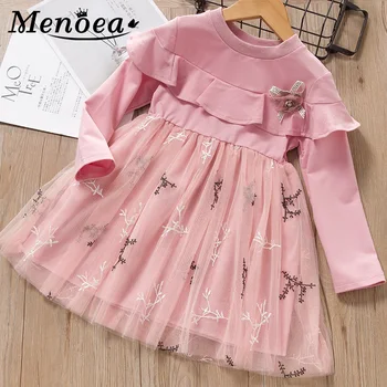 

Menoea Girls Dress Fall Kid Dresses Flower Pink Princess Dress Kids Long Sleeve Children Clothing Embroidery Mesh Clothes