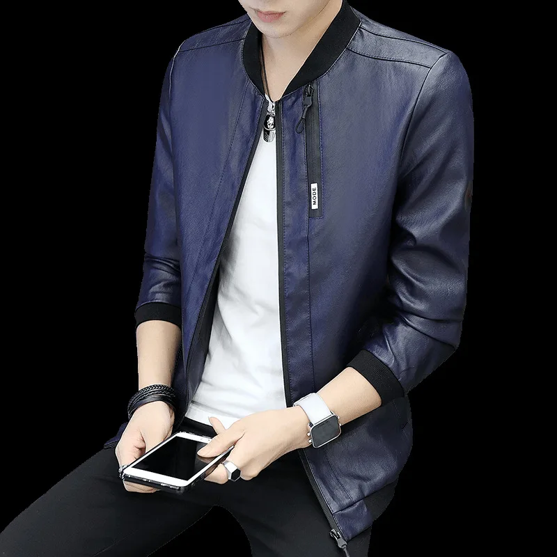 

Men Short Slim Fit Stand Collar Washing Locomotive Leather Jacket Men's Pu Leat
