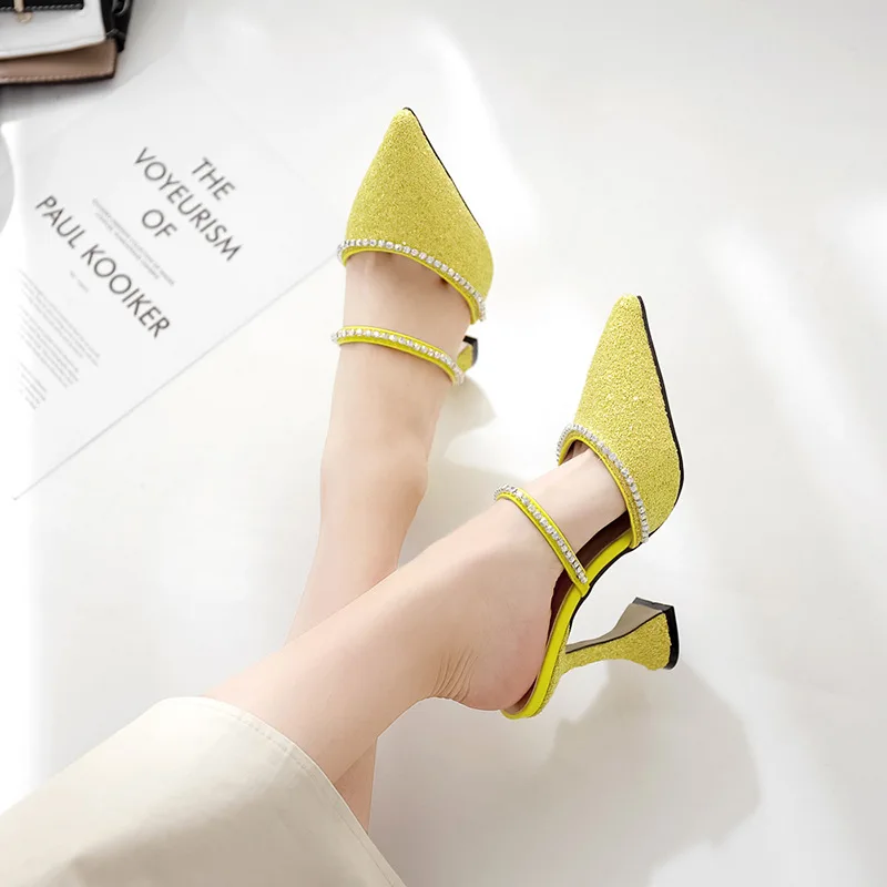 

INS Celebrity Style Shimmering Powder Man-made Diamond Sequin Pointed-Toe Spool Heels High Heel Slippers WOMEN'S Shoes 678-1 Hav