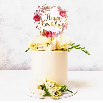 

Ins 3D Plant Happy Birthday Cake Topper Pink Gold Flowers Acrylic Birthday Party Cupcake Toppers boy or Girl Dessert Decoration