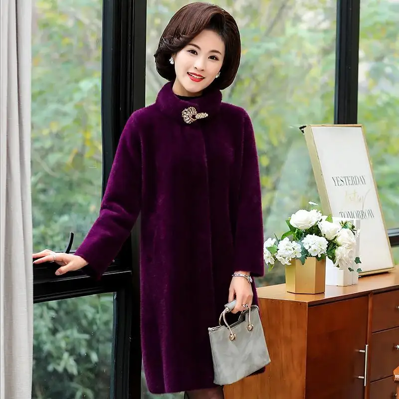 Осенне-зимние модные женские пальто из искусственного меха среднего возраста Элегантные вязаные куртки женские толстые теплые длинные свитера верхняя одежда Z92 - Цвет: Фиолетовый